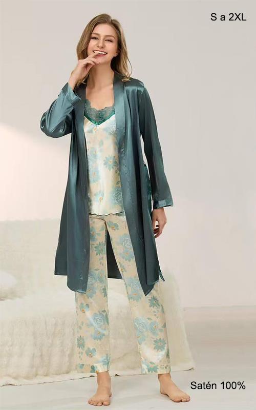 S742 Pijama de tres piezas en satén para mujer.