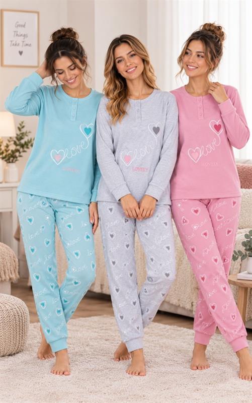 25053 Pijama de mujer felpado con corazones bordados