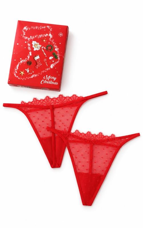 29324 Tanga rojo de tul con lunares y encaje superior