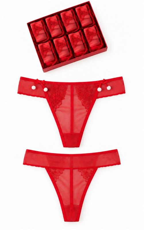 7212 Tanga rojo de tul y encaje con lazos y pompones blancos