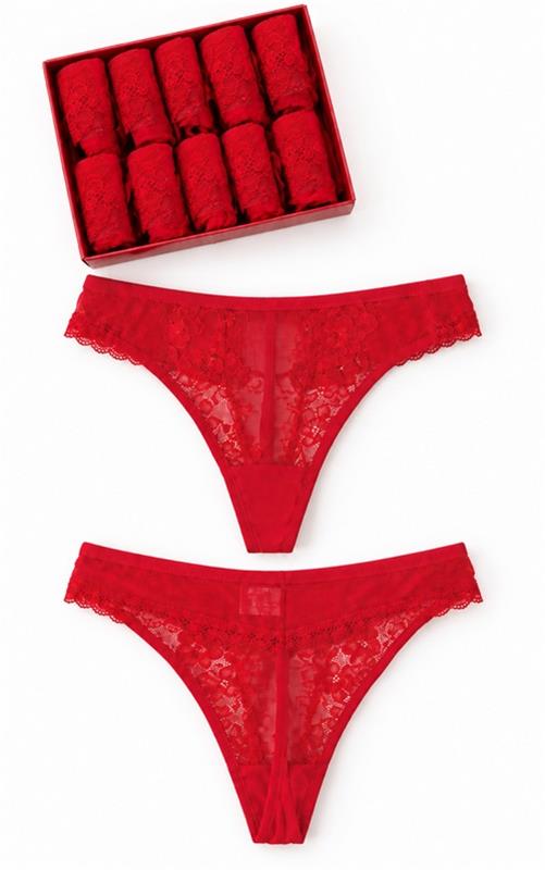 7213 Tanga rojo para mujer con encaje floral delantero y trasero