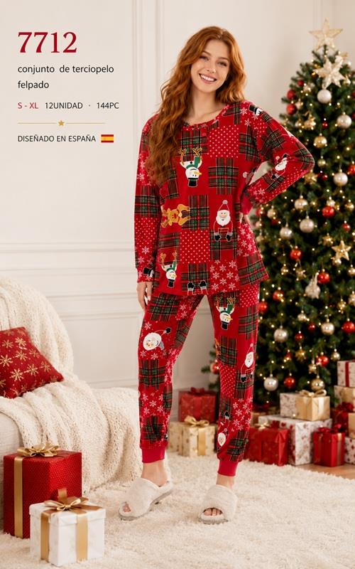 7713Pijama de Navidad mujer de terciopelo felpado con cuadros