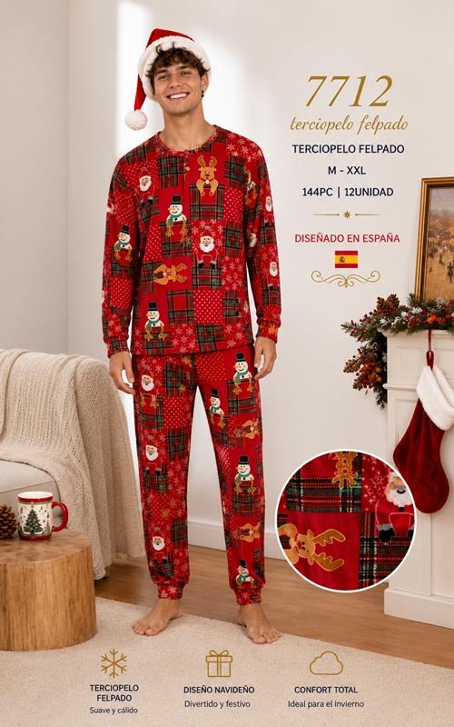 7712 Pijama de Navidad hombre de terciopelo felpado con estampado festivo