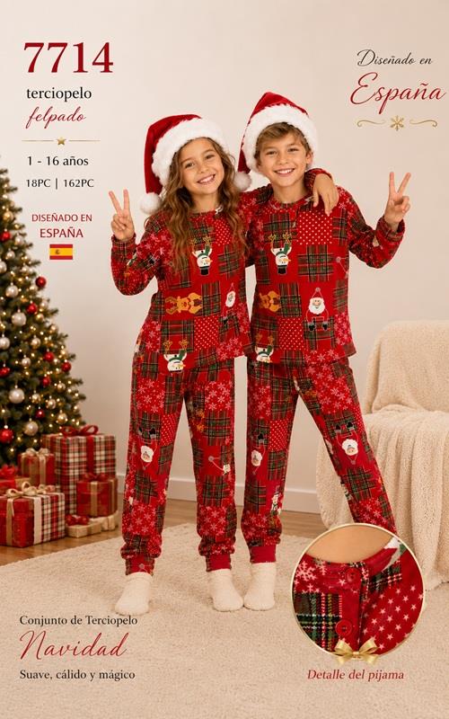 7714 Pijama de Navidad infantil de terciopelo felpado con cuadros