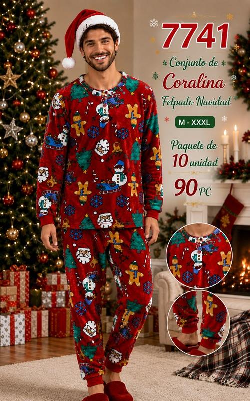 7741 Pijama Navidad hombre coralina afelpada estampado festivo