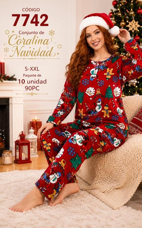 7742 Pijama Navidad mujer coralina afelpada estampado festivo