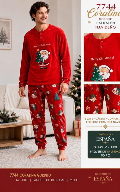 7744 Pijama Navidad hombre coralina gruesa rojo con estampado festivo