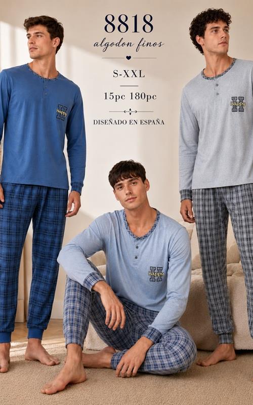 8818 Pijama de hombre en algodón fino con pantalón de cuadros