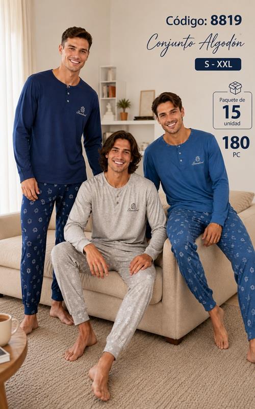 8819 Pijama de hombre en algodón fino con pantalón estampado