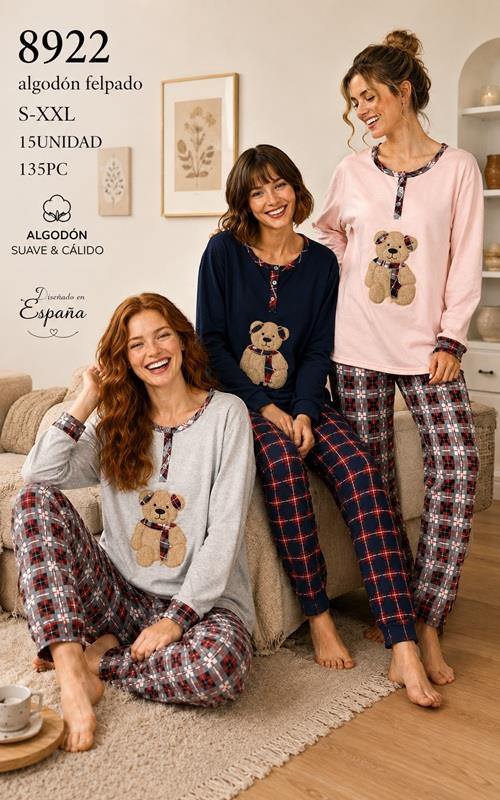 8922 Pijama de mujer afelpado con oso y pantalón de cuadros