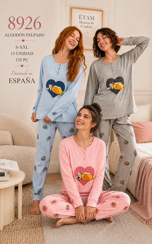 8926 Pijama de mujer en algodón afelpado con corazón estampado