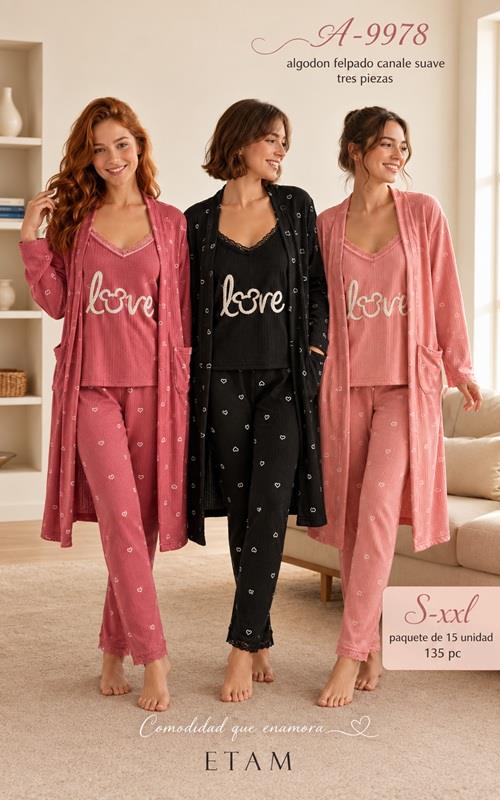 A9978 Pijama mujer 3 piezas afelpado de canalé con bata