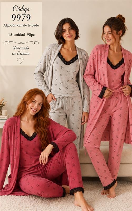 A9979 Pijama mujer 3 piezas algodón canalé afelpado con encaje