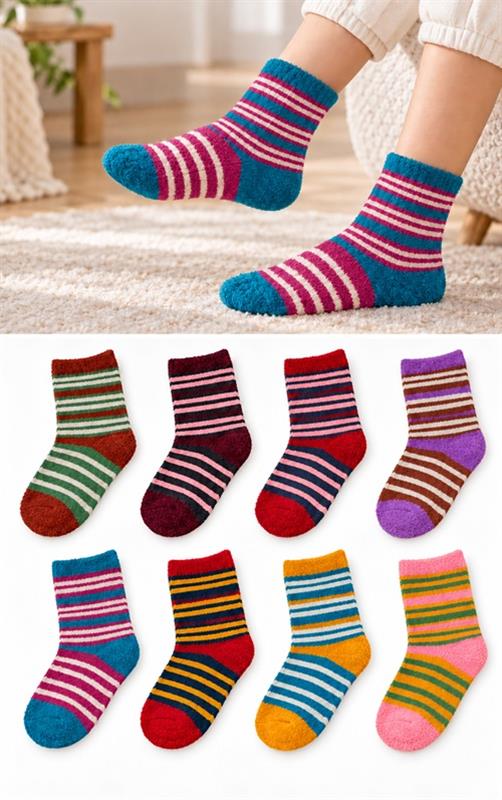A3303 Calcetines niño de chenilla con rayas reversible