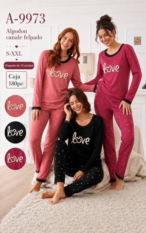 A9973 Pijama de mujer en canalé afelpado con encaje y pantalón estampado