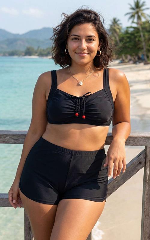 F56-1 Bikini con short negro y top ajustable cómodo