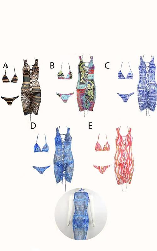 SQ66240 Bikini juvenil estampado con vestido playero a juego.