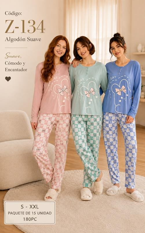 Z134 Pijama de mujer en algodón suave con pantalón de cuadros