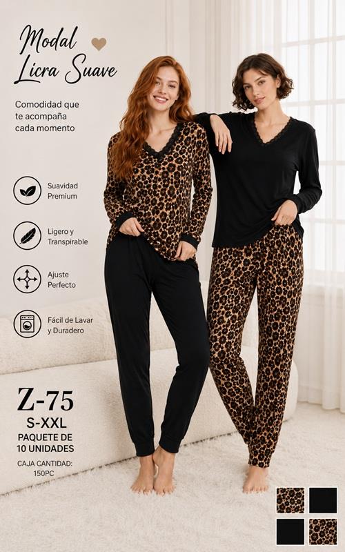 Z75 Pijama mujer modal licra suave con encaje y estampado animal  