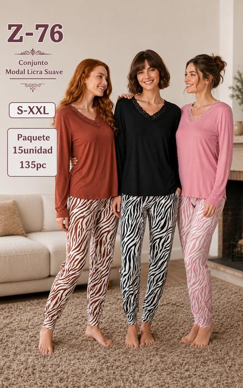 Z76 Pijama mujer modal licra con encaje y pantalón animal print