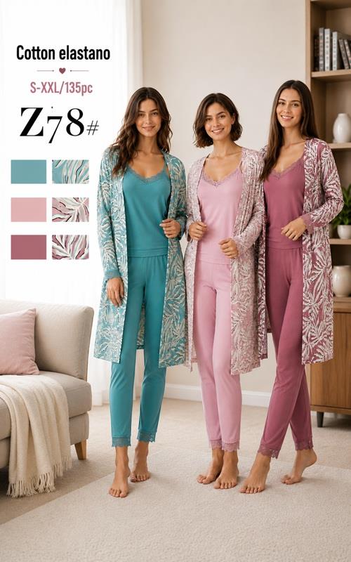 Z78 Pijama de mujer 3 piezas con bata estampada y encaje